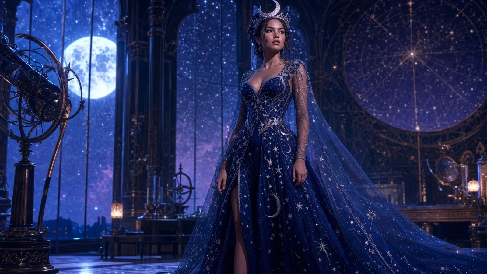 Fictional adult in a midnight-blue celestial gown with silver star embroidery and a moon crown inside a moonlit observatory