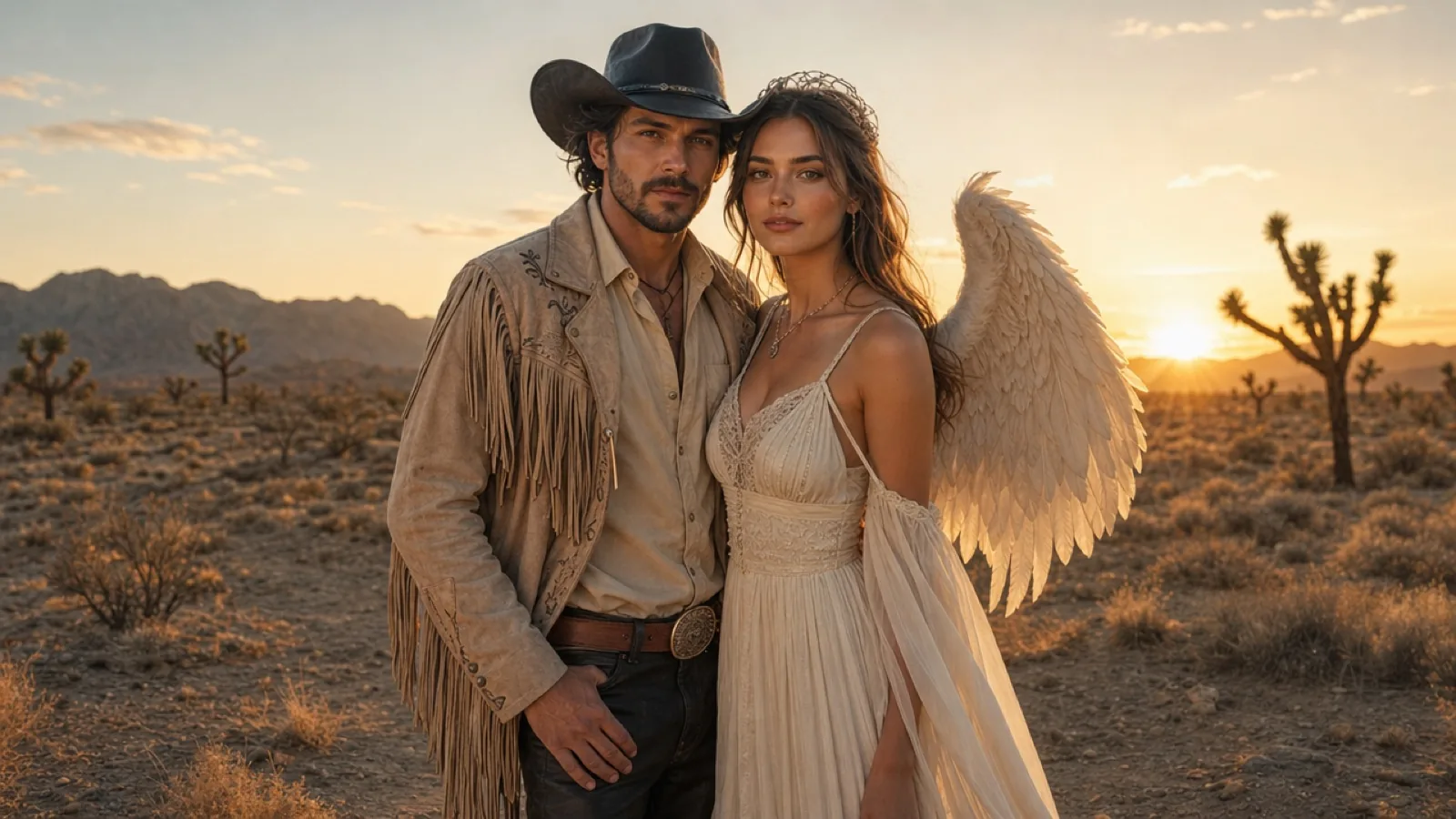 Two fictional adults in coordinated cowboy and angel Halloween costumes at warm desert dusk