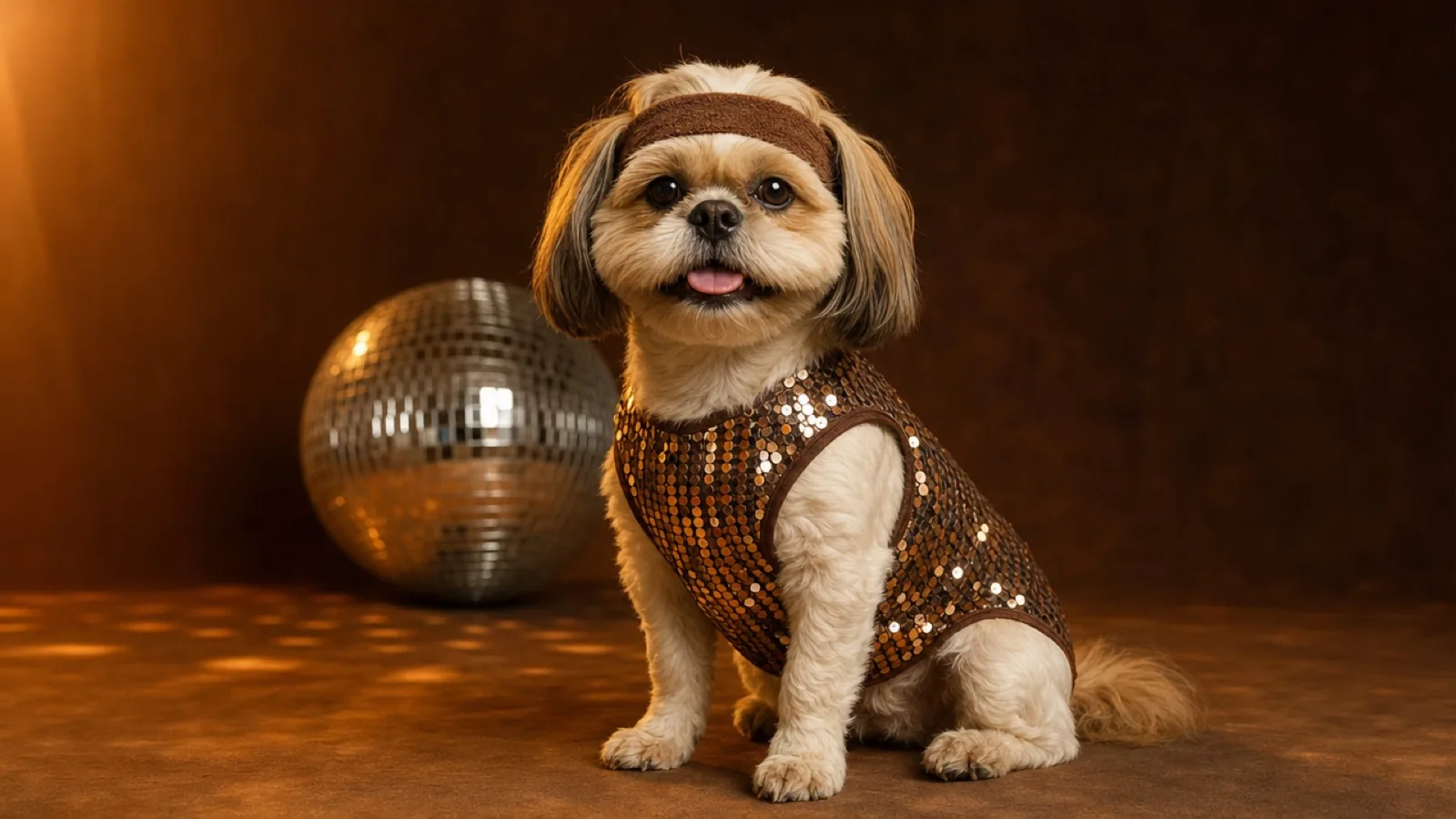 Small dog in a retro sequin disco costume beside a warm mirror ball and amber lights