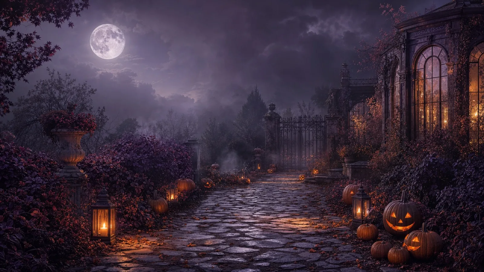 Moonlit garden path with carved pumpkins, violet foliage and warm lantern light
