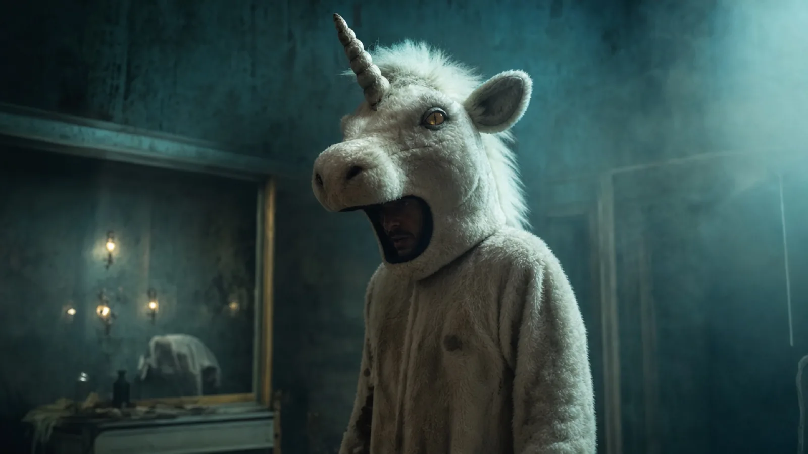 Original plush haunted unicorn mascot costume with a spiral horn and amber eyes in a foggy room