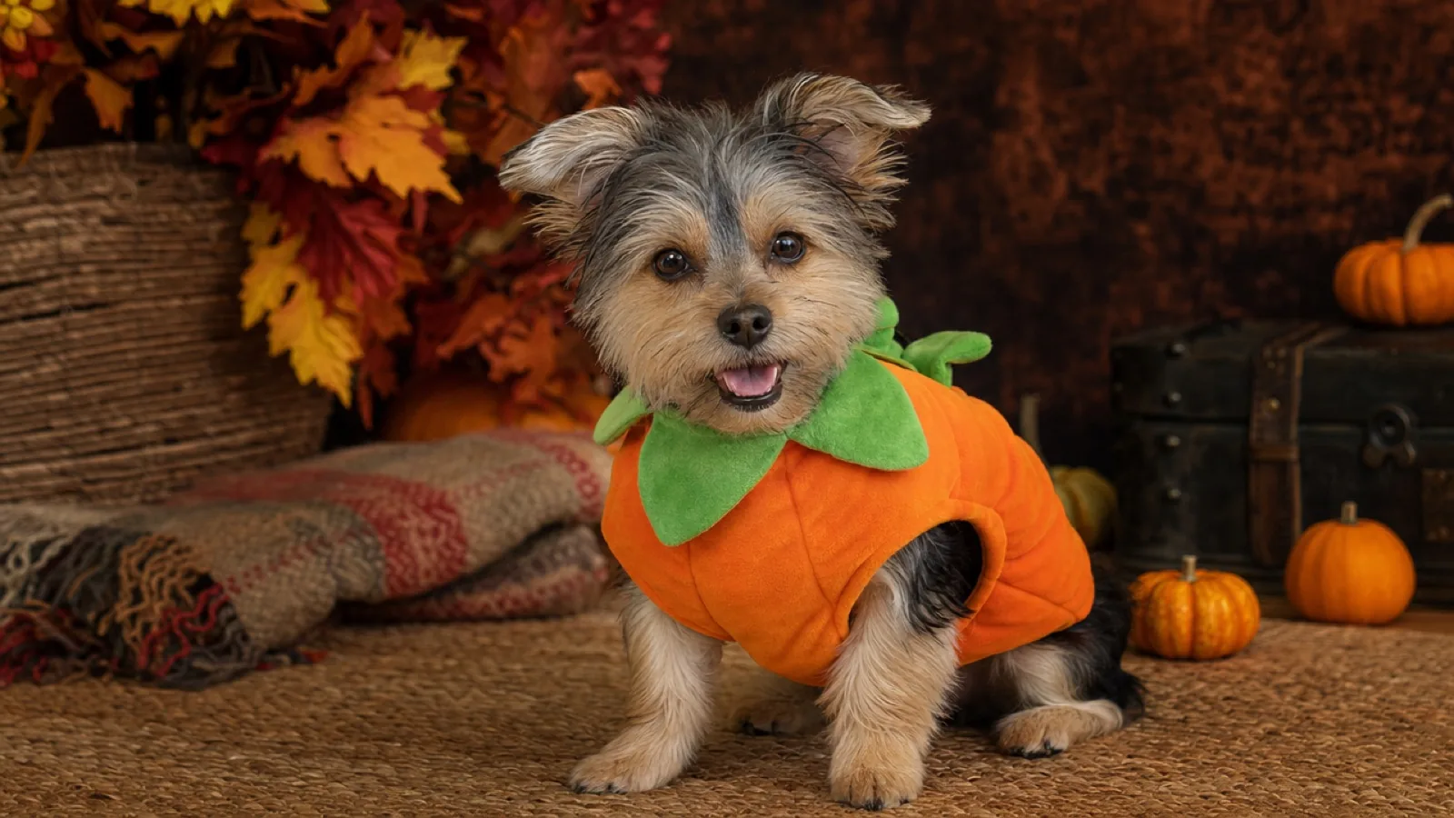 Small dog in a soft pumpkin costume with a green leaf collar in a warm autumn studio