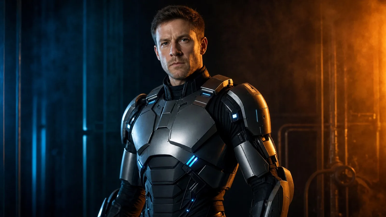 Fictional adult in a wearable robot costume with metallic panels and blue LED accents, human face visible